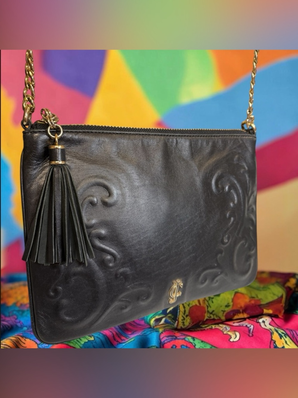 Juicy Couture Black Leather Embossed Crossbody Bag Chain Strap Tassel Y2K - Picture 5 of 7